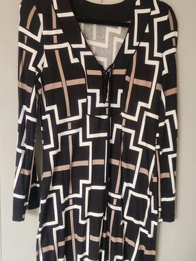 Black Geometric Print Long Sleeve Dress with Beige and White Accents